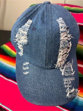 Distressed Denim Baseball Cap - Blue